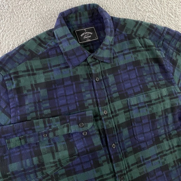 Portuguese Flannel Shirt Men Large Knit Cotton Tartan Palid Button Up Blue Green - Picture 1 of 10